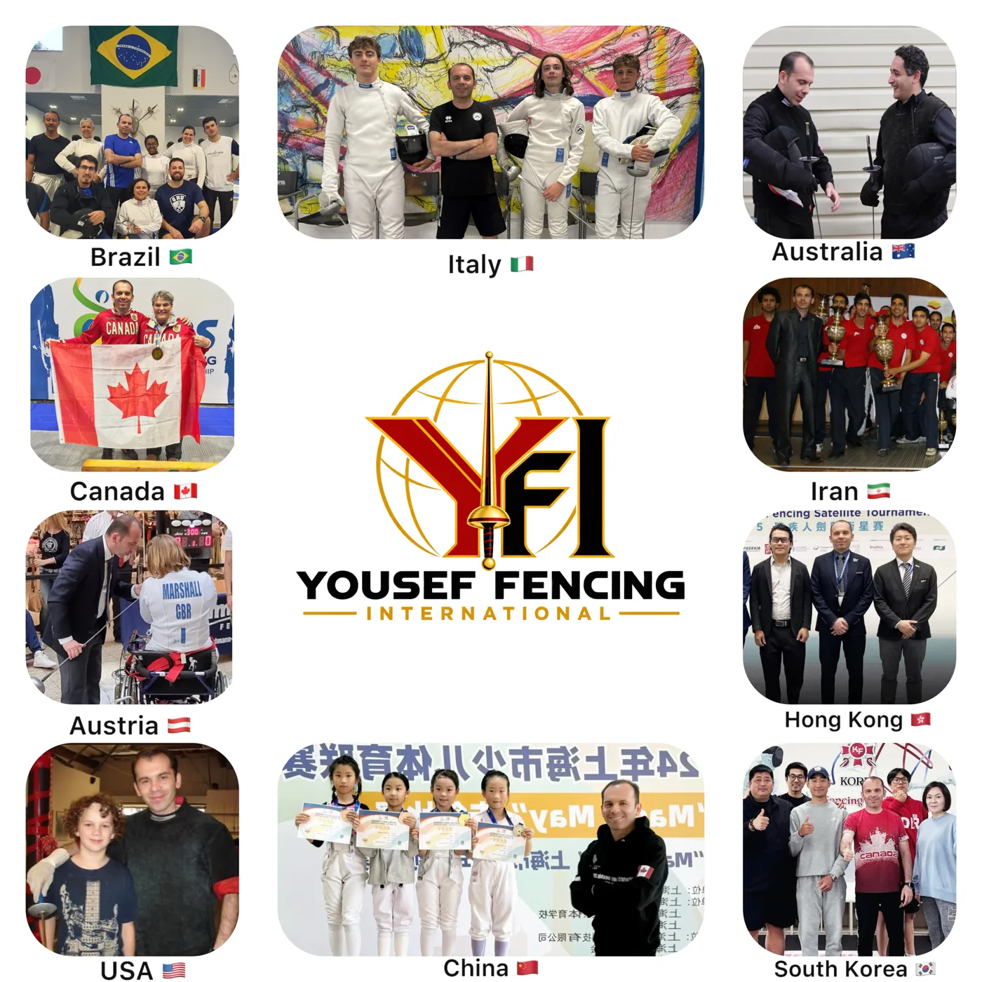 Coach Yousef Alaghehband with athletes and colleagues in Brazil, Italy, Australia, Canada, Iran, Austria, Hong Kong, the USA, China and South Korea